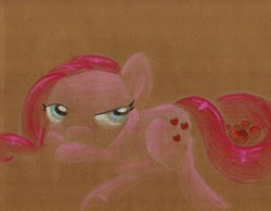 Size: 1040x808 | Tagged: safe, artist:getchanoodlewet, pinkie pie, earth pony, pony, magical mystery cure, apple, pinkamena diane pie, prone, solo, swapped cutie marks, traditional art