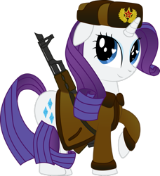 Size: 853x937 | Tagged: safe, artist:karpiupl, rarity, pony, unicorn, ak, ak-47, akm, assault rifle, clothes, coat, gun, hammer and sickle, hat, rifle, solo, soviet, uniform, ushanka, weapon