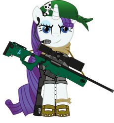 Size: 860x929 | Tagged: safe, artist:karpiupl, rarity, pony, unicorn, arctic warfare, arctic warfare magnum, badass, female, gun, head wrap, headset, hooves, horn, looking at you, mare, optical sight, rifle, simple background, smiling, sniper, sniper rifle, solo, transparent background, weapon