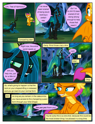 Size: 612x792 | Tagged: safe, artist:newbiespud, edit, edited screencap, screencap, ocellus, queen chrysalis, smolder, changedling, changeling, changeling queen, dragon, pony, comic:friendship is dragons, what lies beneath, ..., begging, cave, comic, corrupted, crossed arms, crystal, dialogue, dragoness, eyes closed, female, grin, happy, looking back, sad, screencap comic, smiling, smirk