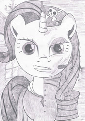 Size: 748x1067 | Tagged: safe, artist:karpiupl, rarity, pony, unicorn, head wrap, headset, military, monochrome, sketch, skull and crossbones, solo, two sided posters