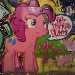 Size: 541x541 | Tagged: artist needed, source needed, useless source url, safe, pinkie pie, earth pony, pony, graffiti, photo, solo, speech bubble, street art, traditional art, vulgar