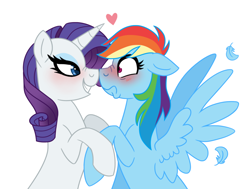 Size: 1024x773 | Tagged: safe, artist:cascayd, derpibooru import, rainbow dash, rarity, pegasus, pony, unicorn, bedroom eyes, blushing, boop, feather, female, heart, lesbian, looking at each other, mare, nose wrinkle, noseboop, raridash, scrunchy face, shipping, shrunken pupils, simple background, smiling, spread wings, white background, wingboner, wings
