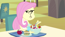 Size: 1920x1080 | Tagged: safe, edit, edited screencap, screencap, fluttershy, equestria girls, equestria girls (movie), apple, burger, fluttershy just wants to eat lunch, food, fruit salad, funny, funny as hell, karl pilkington, ricky gervais show, salad, solo, spoon, the ricky gervais show, wat, wtf