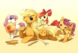 Size: 1280x883 | Tagged: safe, artist:yoona, apple bloom, applejack, scootaloo, sweetie belle, earth pony, pony, brush, comb, cutie mark crusaders, hat, loose hair, makeover, mouth hold, scissors