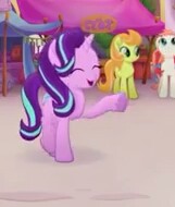 Size: 161x190 | Tagged: safe, screencap, cantaloupe (character), dawn sunrays, starlight glimmer, earth pony, pony, unicorn, my little pony: the movie, background pony, cropped, eyes closed, female, mare, picture for breezies, raised hoof, smiling