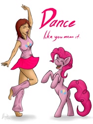 Size: 768x1024 | Tagged: safe, artist:bingodingo, pinkie pie, human, pony, barefoot, bipedal, chest fluff, clothes, dancing, eyes closed, feet, fluffy, leg warmers, open mouth, rearing, skirt, smiling