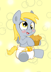 Size: 883x1248 | Tagged: safe, artist:artiecanvas, derpy hooves, pony, artiecanvas is trying to murder us, baby, baby pony, blushing, cute, cutie mark diapers, derpabetes, diaper, foal, muffin, poofy diaper, solo