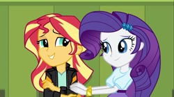 Size: 1100x618 | Tagged: safe, screencap, rarity, sunset shimmer, equestria girls, friendship games