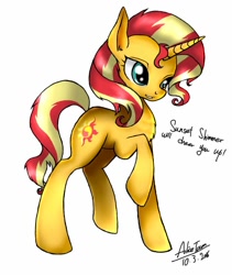 Size: 952x1128 | Tagged: safe, artist:alice tam, sunset shimmer, pony, unicorn, backwards cutie mark, chest fluff, cute, fluffy, raised hoof, shimmerbetes, solo