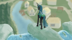 Size: 1920x1080 | Tagged: safe, artist:aterhut, queen chrysalis, changeling, changeling queen, female, rear view, river, solo, spread wings, village, wallpaper, waterfall, wings