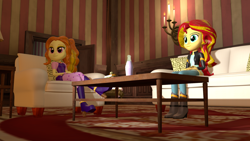 Size: 1920x1080 | Tagged: safe, artist:razethebeast, adagio dazzle, sunset shimmer, equestria girls, 3d, chair, clothes, crossed legs, cute, food, leather jacket, plate, sandwich, sitting, smiling, sofa, table, vase, watching