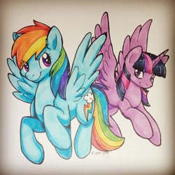 Size: 2336x2336 | Tagged: safe, artist:fizzy-dog, derpibooru import, rainbow dash, twilight sparkle, twilight sparkle (alicorn), alicorn, pegasus, pony, duo, female, mare, smiling, spread wings, traditional art, wings