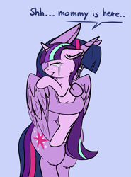 Size: 2483x3356 | Tagged: safe, artist:duop-qoub, starlight glimmer, twilight sparkle, twilight sparkle (alicorn), alicorn, pony, unicorn, adopted, adopted offspring, adoption, alternate universe, bipedal, blue background, comforting, crying, cute, dialogue, duo, eyes closed, female, filly, filly starlight glimmer, floppy ears, glimmerbetes, glimmerdoption, holding a pony, hug, mama twilight, mare, mother, mother and child, mother and daughter, parent and child, simple background, smiling, tears of joy, this will end in timeline distortion, younger