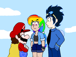 Size: 2048x1536 | Tagged: safe, artist:zer0cute, derpibooru import, rainbow dash, soarin', human, cape, clothes, crossover, humanized, mario, super mario bros.