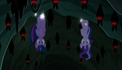 Size: 1280x738 | Tagged: safe, screencap, starlight glimmer, twilight sparkle, twilight sparkle (alicorn), alicorn, bat, pony, vampire fruit bat, every little thing she does, cave, glowing eyes, red eyes, suspended, upside down