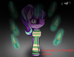 Size: 1300x1000 | Tagged: safe, artist:scootalightheartoc, starlight glimmer, pony, unicorn, chara, ear fluff, female, gradient background, knife, levitation, looking at you, magic, mare, solo, telekinesis, undertale