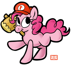 Size: 550x500 | Tagged: dead source, safe, artist:srsishere, pinkie pie, earth pony, pony, cap, clothes, cosplay, costume, cute, diapinkes, hammer, hat, mario, mario's hat, missing cutie mark, mouth hold, paper mario, solo, style emulation, super mario bros.