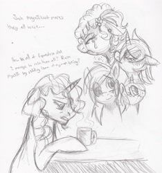 Size: 2112x2256 | Tagged: safe, artist:enigmaticfrustration, amethyst star, derpy hooves, dinky hooves, lyrica lilac, ponet, sparkler, abandonment, crying, female, male, monochrome, mug, ponetderp, sad, shipping, straight, text, traditional art