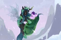 Size: 2048x1339 | Tagged: safe, artist:zlatavector, queen chrysalis, starlight glimmer, changeling, changeling queen, pony, unicorn, the ending of the end, angry, cocoon, cocooning, duo, female, mare, profile, scene interpretation, snow, ultimate chrysalis