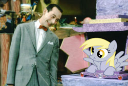 Size: 500x336 | Tagged: safe, derpy hooves, pegasus, pony, female, irl, jambi the genie, mare, pee-wee herman, pee-wee's playhouse, photo, ponies in real life, scrunchy face