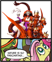 Size: 397x473 | Tagged: safe, idw, fluttershy, pegasus, pony, blue coat, blue eyes, dialogue, exploitable meme, female, looking up, mare, megami tensei, meme, mother harlot, multicolored tail, nature is so fascinating, pink coat, pink mane, shin megami tensei, smiling, speech bubble, wings, yellow coat