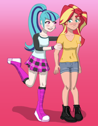 Size: 560x720 | Tagged: safe, artist:corrosive55, sonata dusk, sunset shimmer, equestria girls, blushing, boots, clothes, denim, human coloration, implied lesbian, implied shipping, plaid, plaid skirt, pleated skirt, ponytail, shirt, shorts, skirt, socks, t-shirt