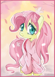 Size: 600x841 | Tagged: safe, artist:schnuffitrunks, fluttershy, pegasus, pony, alternate hairstyle, kimono (clothing), solo