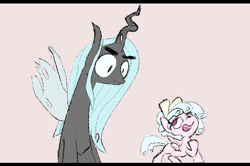 Size: 712x473 | Tagged: safe, artist:davierocket, cozy glow, queen chrysalis, changeling, changeling queen, pegasus, pony, big eyebrows, simple background, smug