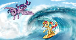 Size: 3866x2059 | Tagged: safe, artist:gaelledragons, sunset shimmer, twilight sparkle, twilight sparkle (alicorn), alicorn, pony, unicorn, ocean, surfing