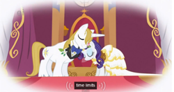 Size: 582x310 | Tagged: safe, screencap, prince blueblood, rarity, pony, unicorn, the ticket master, clothes, dress, ei, hub logo, meme, suit, throne, youtube caption