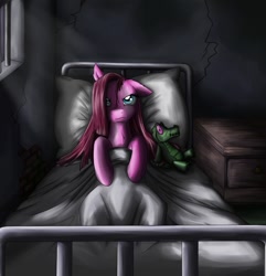 Size: 1155x1200 | Tagged: dead source, safe, artist:28gooddays, gummy, pinkie pie, earth pony, pony, american mcgee's alice, asylum, bed, crossover, doll, floppy ears, frown, hospital, pinkamena diane pie, plushie, solo, toy