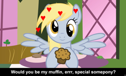 Size: 1600x973 | Tagged: safe, derpy hooves, pegasus, pony, bronybait, caption, cs captions, female, heart, love, mare, muffin, solo, special somepony