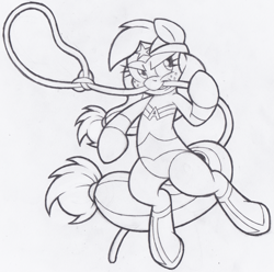 Size: 681x675 | Tagged: safe, artist:dfectivedvice, applejack, earth pony, pony, crossover, grayscale, hatless, lasso, missing accessory, monochrome, mouth hold, parody, solo, traditional art, wonder woman, wonderjack