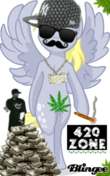 Size: 251x400 | Tagged: safe, derpy hooves, pony, 420, animated, bipedal, bling, blingee, cigar, drugs, exploitable meme, gangsta, gangster, hat, hoof hold, jewelry, leaf, marijuana, meme, money, moustache, necklace, pot, snoop dogg, solo, strategically covered, sunglasses, swag, wat
