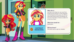 Size: 885x510 | Tagged: safe, sunset shimmer, equestria girls, legend of everfree, app, boots, clothes, doll, door, eqg profiles, equestria girls minis, high heel boots, jacket, leather jacket, lockers, shoes, skirt, toy