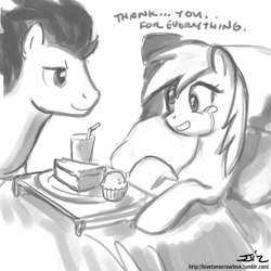 Size: 850x850 | Tagged: safe, artist:johnjoseco, derpy hooves, soarin', pegasus, pony, bed, breakfast in bed, derpin', female, grayscale, male, mare, monochrome, muffin, pie, shipping, straight