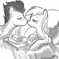 Size: 850x850 | Tagged: safe, artist:johnjoseco, derpy hooves, soarin', pegasus, pony, bed, breakfast in bed, derpin', female, grayscale, kissing, male, mare, monochrome, pie, shipping, straight