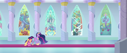 Size: 2602x1080 | Tagged: safe, screencap, cozy glow, gallus, lord tirek, luster dawn, ocellus, princess flurry heart, princess twilight 2.0, queen chrysalis, sandbar, silverstream, smolder, twilight sparkle, twilight sparkle (alicorn), yona, alicorn, changeling, changeling queen, the last problem, panorama, stained glass window, student six