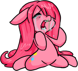 Size: 483x439 | Tagged: safe, artist:puds, pinkie pie, earth pony, pony, anatomically incorrect, crying, despair, drool, eyes closed, female, floppy ears, frown, hair over one eye, incorrect leg anatomy, kneeling, mare, open mouth, pinkamena diane pie, runny nose, sad, simple background, sitting, snot, solo, splits, spread legs, spreading, transparent background