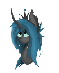 Size: 1808x2228 | Tagged: source needed, safe, artist:groomlake, queen chrysalis, changeling, changeling queen, colored, crown, curved horn, female, horn, jewelry, looking up, love, mare, regalia, silly, simple, simple background, smiley face, solo, spots, white background