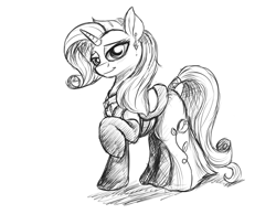 Size: 1000x774 | Tagged: safe, artist:inkybreaker, rarity, pony, unicorn, clothes, dress, grayscale, solo