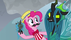 Size: 1920x1080 | Tagged: safe, screencap, pinkie pie, queen chrysalis, changeling, changeling queen, earth pony, pony, the ending of the end, bowtie, cute, doll, duo, fake moustache, fangs, female, final battle, former queen chrysalis, glare, hat, irritated, looking at each other, mare, pinkie being pinkie, plushie, raised eyebrow, smiling, toy, ultimate chrysalis