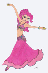 Size: 900x1357 | Tagged: safe, artist:zellykat, pinkie pie, belly button, belly dancer, belly dancer outfit, cleavage, ear piercing, female, humanized, jewelry, midriff, piercing, solo, traditional art