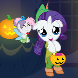 Size: 4000x4000 | Tagged: safe, artist:beavernator, rarity, sweetie belle, pony, unicorn, absurd resolution, baby, baby belle, baby pony, beavernator is trying to murder us, clothes, costume, cute, diasweetes, filly, floppy ears, foal, name joke, name pun, nightmare night, peter pan, raribetes, tinkerbell
