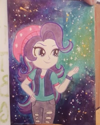 Size: 709x887 | Tagged: safe, artist:valerei, starlight glimmer, equestria girls, mirror magic, spoiler:eqg specials, abstract background, beanie, clothes, hat, smiling, solo, stars, traditional art, watercolor painting