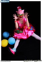 Size: 425x625 | Tagged: safe, artist:pameekawaii, gummy, pinkie pie, human, balloon, cosplay, groucho mask, irl, irl human, photo, plushie, solo