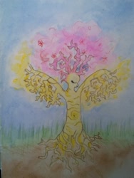 Size: 720x960 | Tagged: safe, artist:ziraflyx, fluttershy, dendrification, fluttertree, inanimate tf, species swap, traditional art, tree