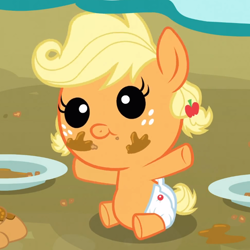 Size: 500x501 | Tagged: safe, applejack, earth pony, pony, apple family reunion, apple fritter (food), baby, baby pony, babyjack, diaper, foal, solo