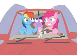 Size: 842x595 | Tagged: safe, artist:norque, derpy hooves, pinkie pie, twilight sparkle, pegasus, pony, car, crossover, driving, female, hoofbump, mare, megas xlr